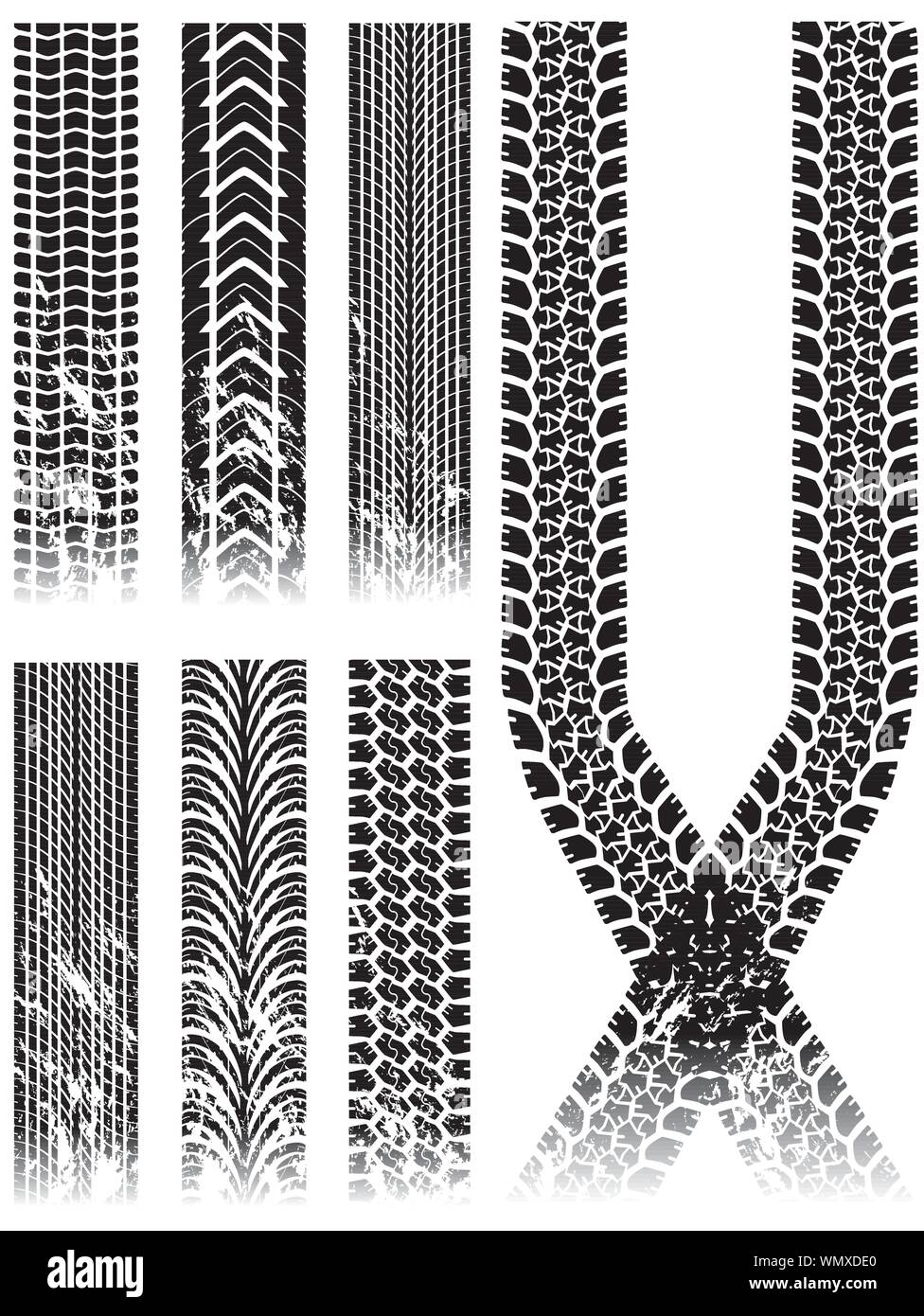 various grunge tire track collection Stock Vector