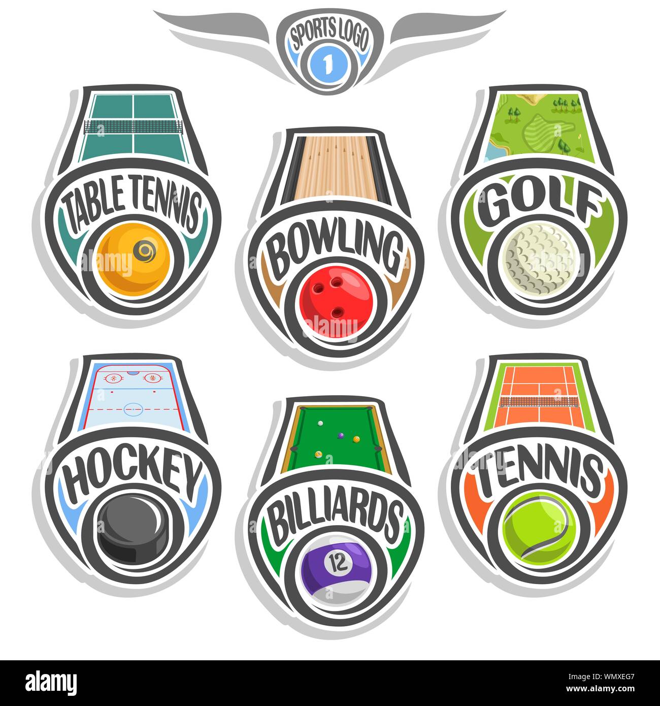 Vector set of sports logo with ball, isolated on white. Stock Vector