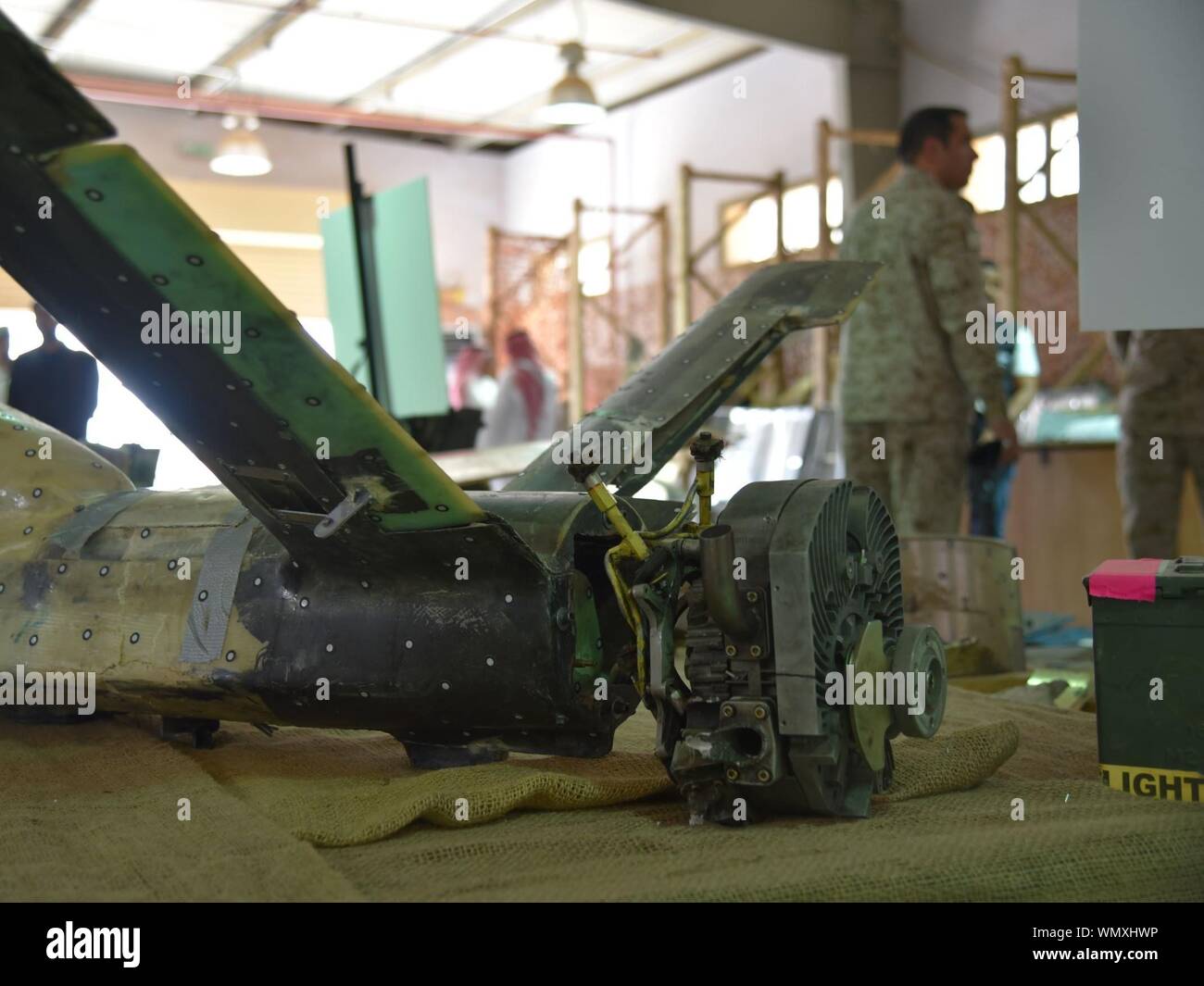 (190905) -- RIYADH, Sept. 5, 2019 (Xinhua) -- An intercepted Houthi drone is seen at a military facility in Al Kharj, south of Riyadh, Saudi Arabia, on Sept. 5, 2019. Saudi-led coalition involved in a war in Yemen on Thursday intercepted a drone launched by Houthis towards Saudi border city Khamis Mushayt, Saudi Press Agency reported. (Xinhua/Tu Yifan) Stock Photo