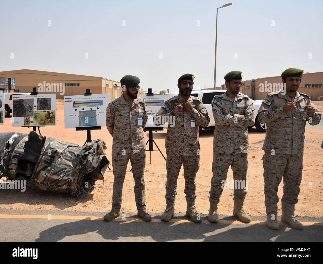 (190905) -- RIYADH, Sept. 5, 2019 (Xinhua) -- Saudi army officers are seen at a military facility in Al Kharj, south of Riyadh, Saudi Arabia, on Sept. 5, 2019. Saudi-led coalition involved in a war in Yemen on Thursday intercepted a drone launched by Houthis towards Saudi border city Khamis Mushayt, Saudi Press Agency reported. (Xinhua/Tu Yifan) Stock Photo