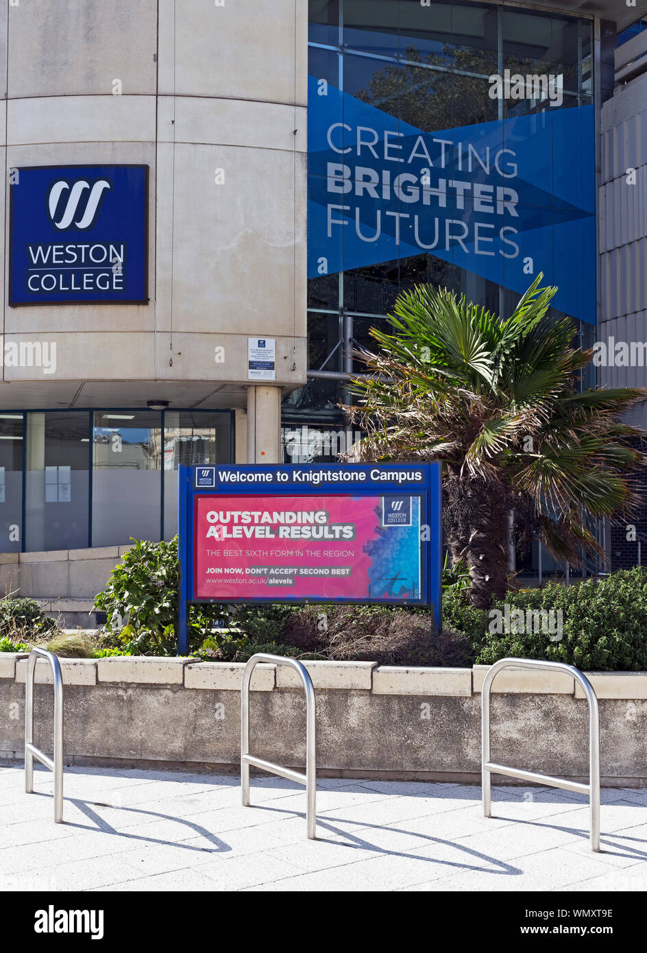 The Knightstone Campus of Weston College in Weston-super-Mare, UK with a sign highlighting the college’s good A level results Stock Photo