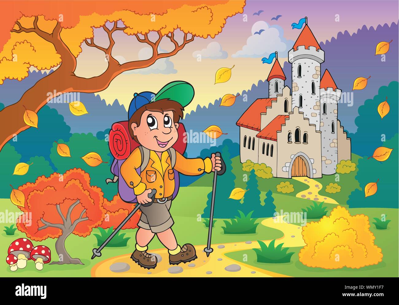 Hiker walking on path near castle Stock Vector Image &amp; Art - Alamy