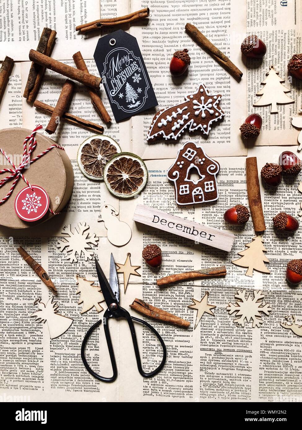 Directly Above Shot Of Christmas Decorations On Table Stock Photo