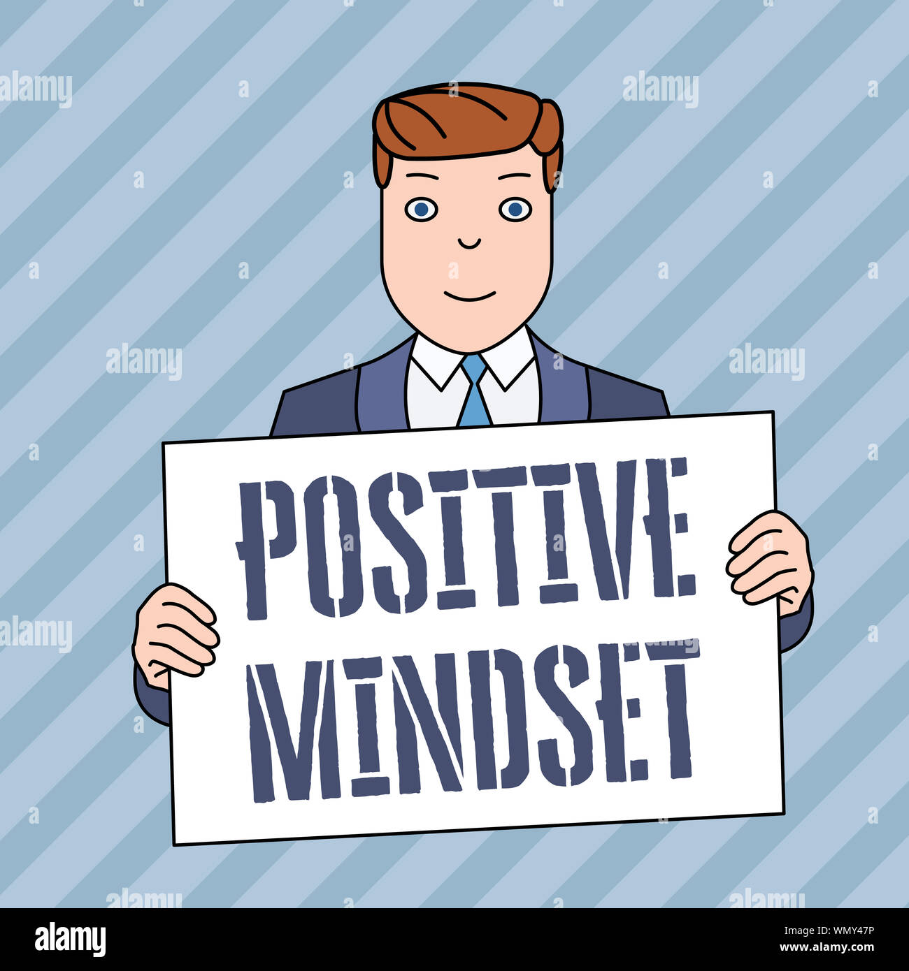 Conceptual hand writing showing Positive Mindset. Concept meaning mental attitude in wich you expect favorable results Smiling Man Holding Suit Poster Stock Photo