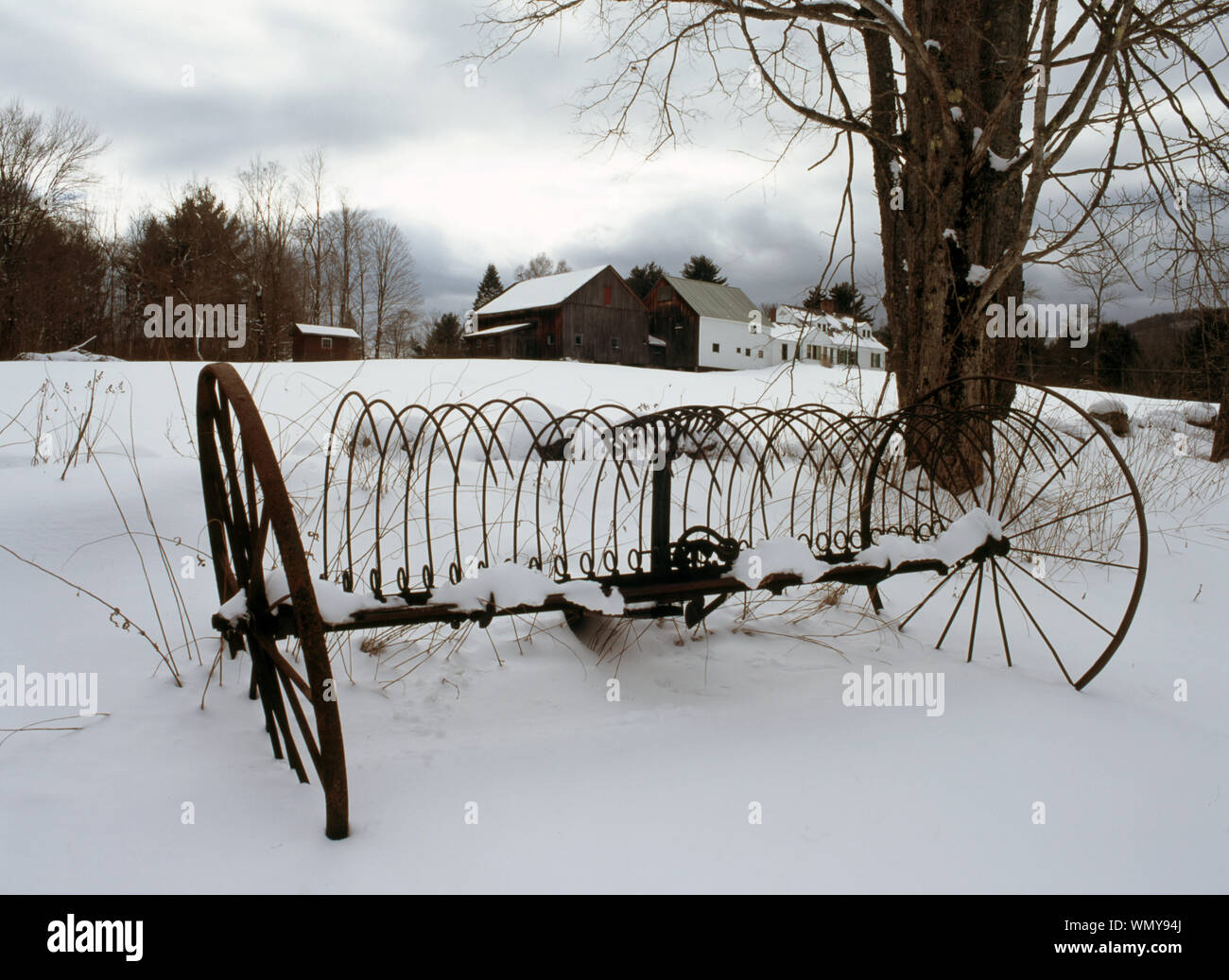 Vermont farm in winter snow Stock Photo