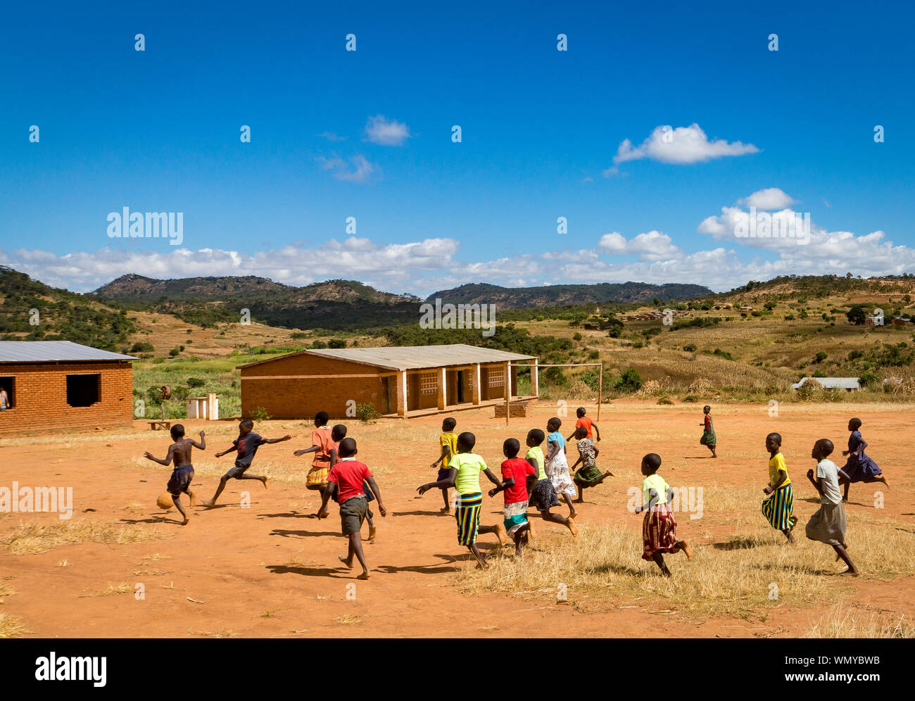 Children at Bala school, Mzimba District, Malawi, playing football. Stock Photo