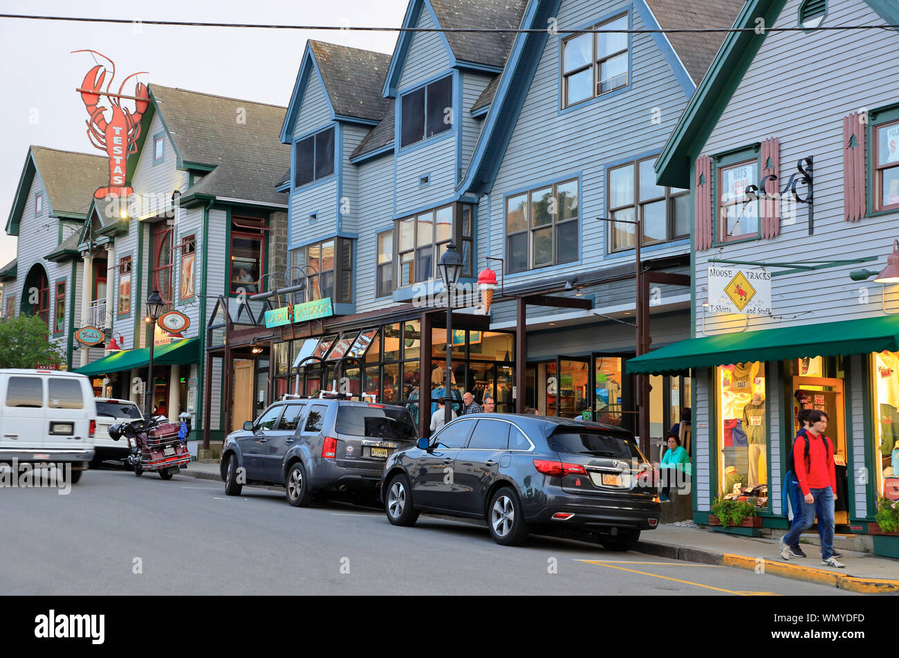 The main street of Bar Harbor during twilight hour.Bar Harbor.Mount