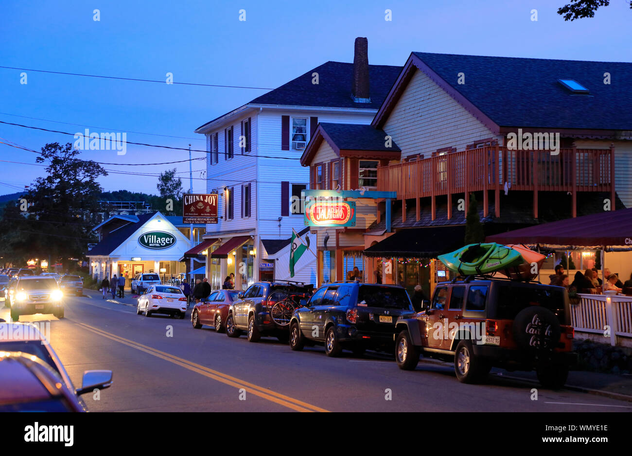 The main street of Bar Harbor during twilight hour.Bar Harbor.Mount Desert Island.Maine.USA Stock Photo