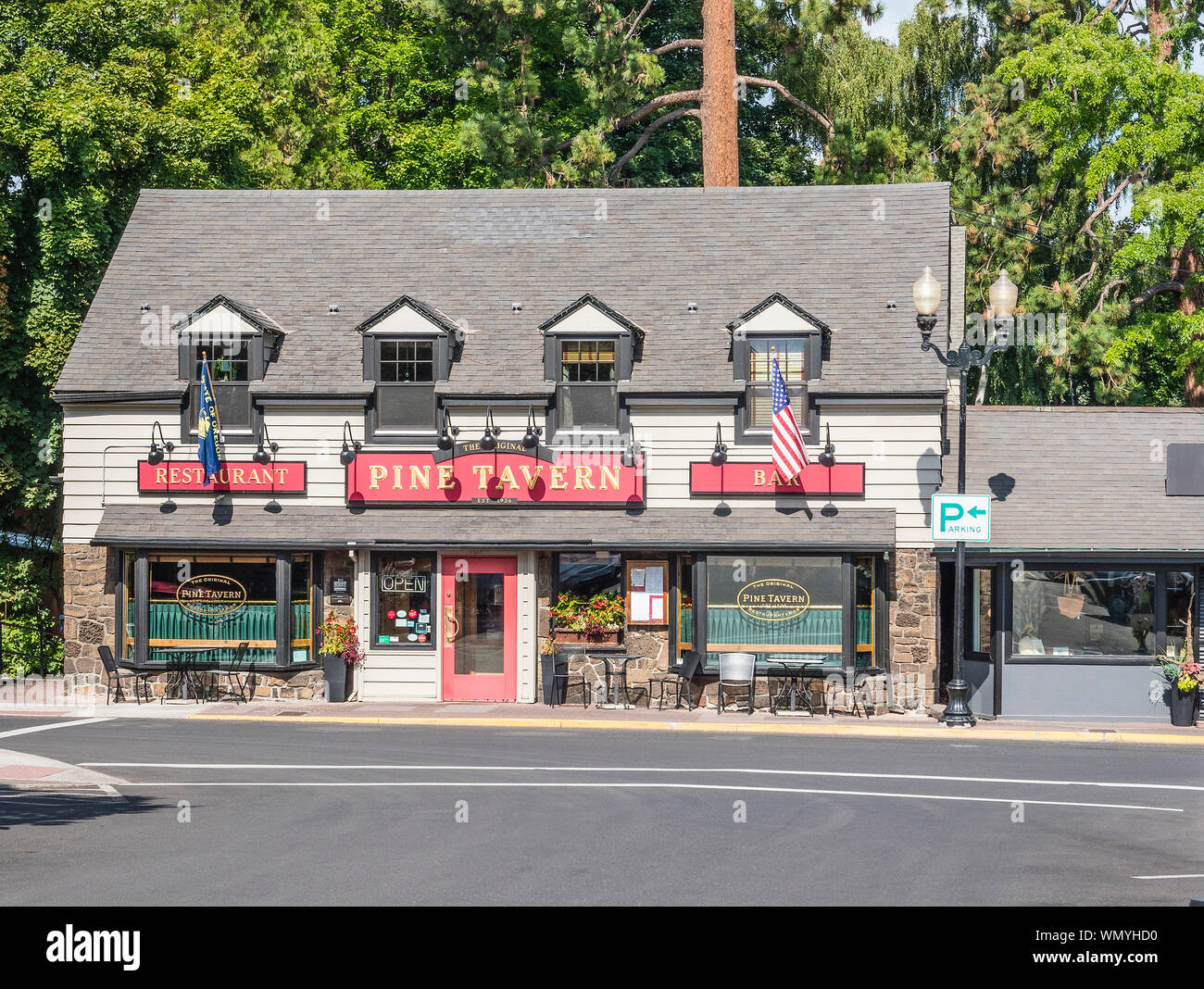 Exterior of the front of the Pine Tavern, Bend, Oregon, a very popular