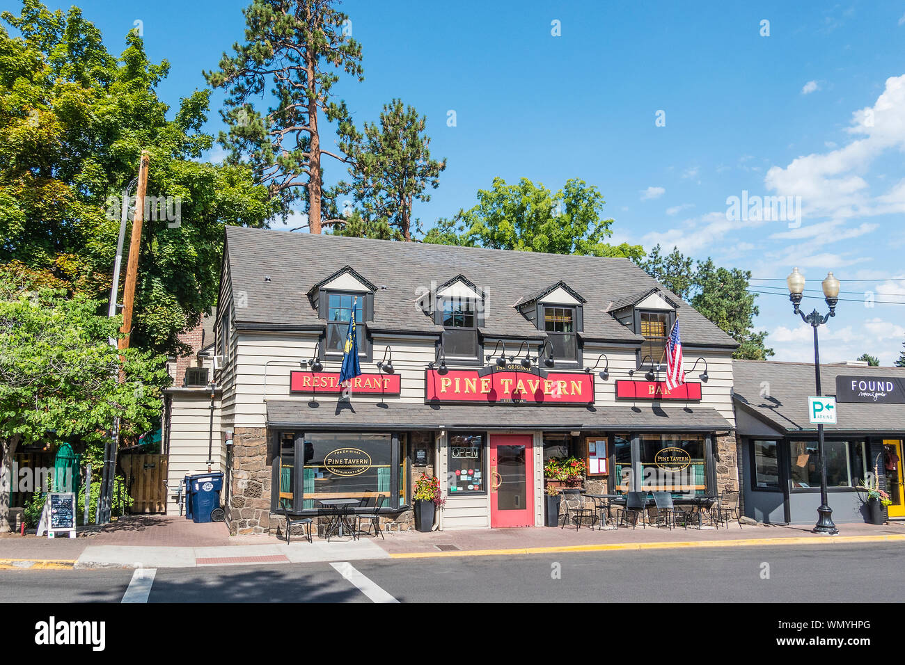 Exterior of the front of the Pine Tavern, Bend, Oregon, a very popular