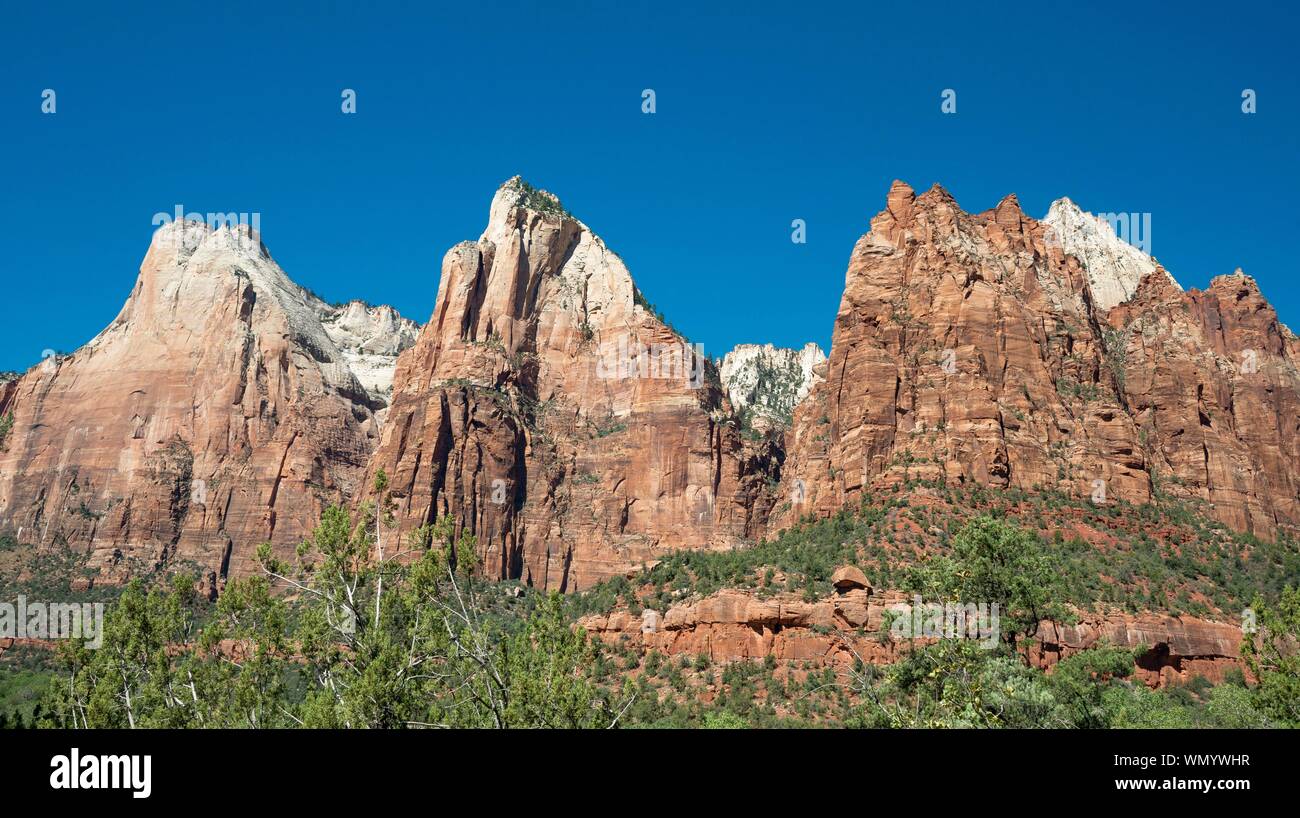View from the Court of the Patriarchs to Abraham Peak, Isaac Peak and Jacob Peak, Zion Canyon, Zion National Park, Utah, USA Stock Photo