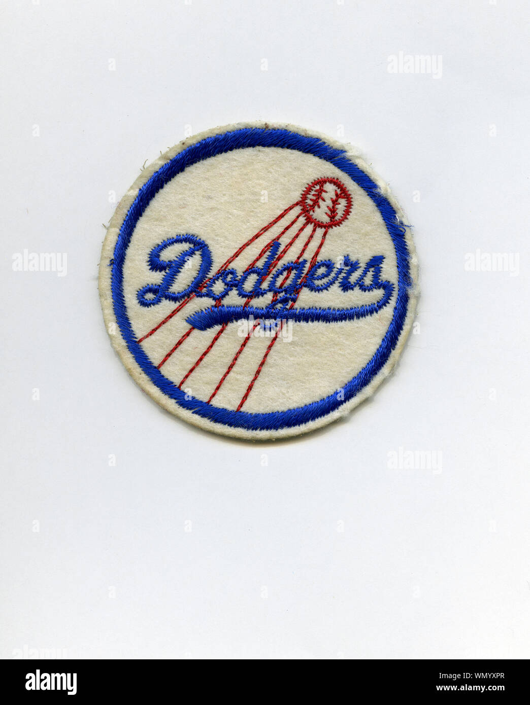 Vintage 1960's era  souvenir patch depicting the Los Angeles Dodgers iconic red, white and blue team logo design. Stock Photo