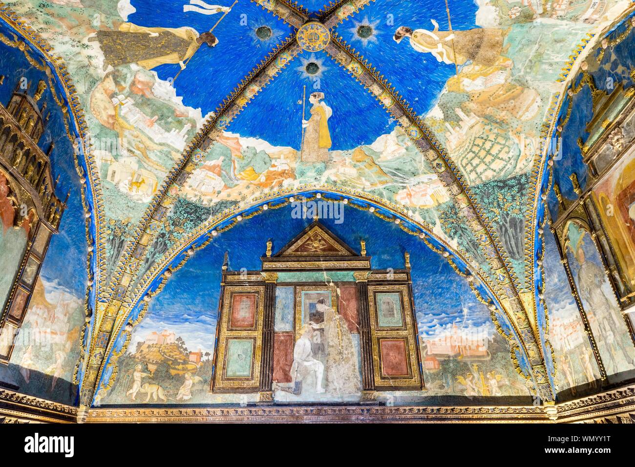 Decoration frescoes with the pilgrim Bianca Pellegrini, painter Bendetto Bembo, 1463, Camera d'Oro, golden chamber, Castello di Torrechiara Stock Photo