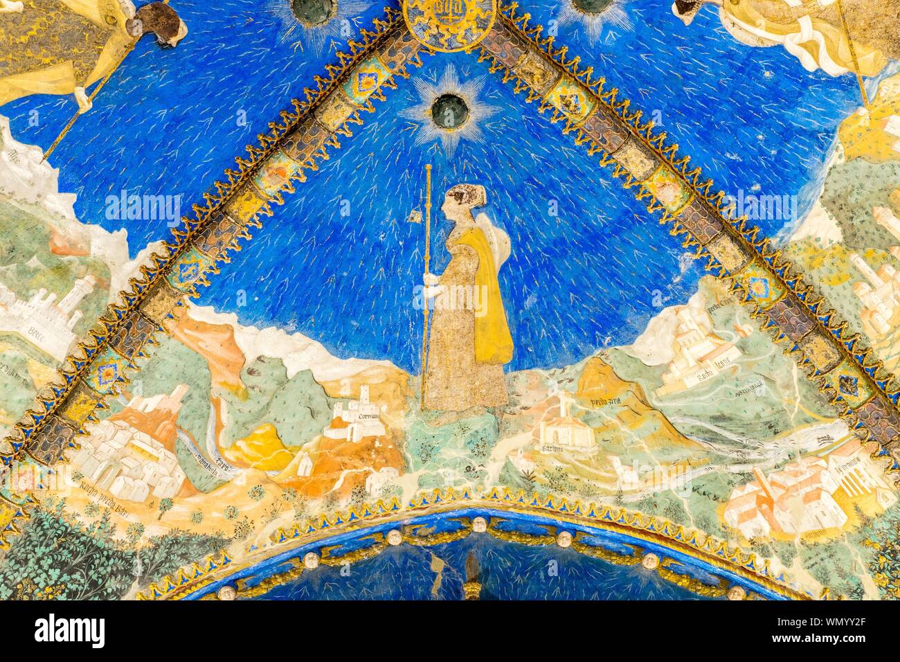 Decoration fresco with the pilgrim Bianca Pellegrini, painter Bendetto Bembo, 1463, Camera d'Oro, Golden Chamber, Castello di Torrechiara Stock Photo