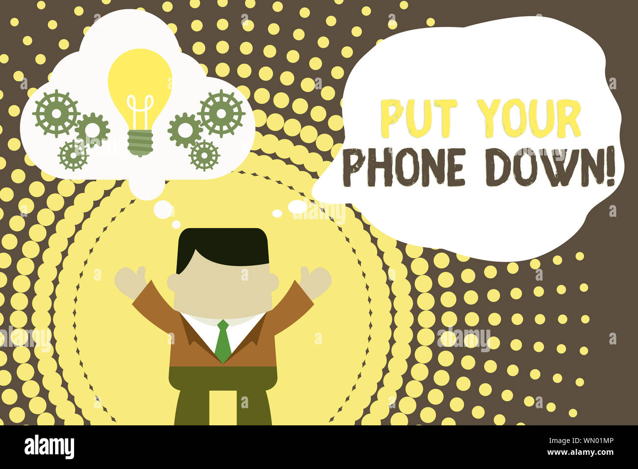 Conceptual hand writing showing Put Your Phone Down. Concept meaning end  telephone connection saying goodbye caller Man hands up imaginary bubble  ligh Stock Photo - Alamy