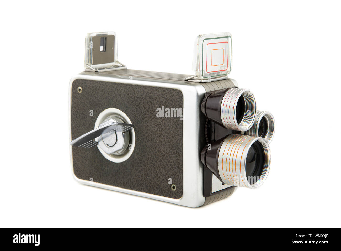 Close-up Of Vintage Home Video Camera Against White Background Stock Photo