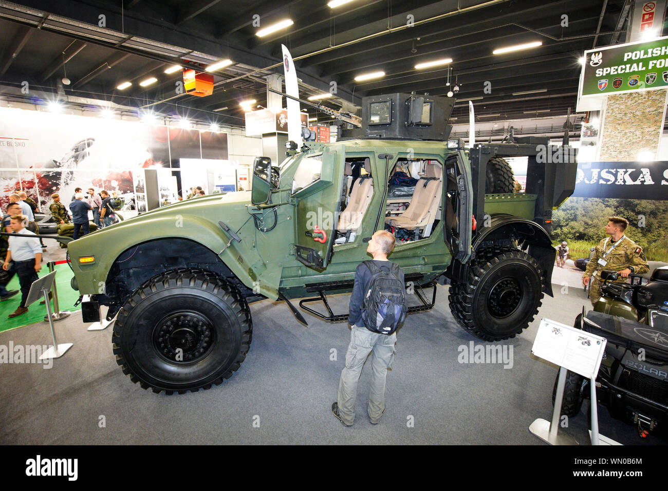 (190905) -- KIELCE (POLAND), Sept. 5, 2019 (Xinhua) -- An M-ATV or mine resistant ambush protected vehicle is displayed at the 27th International Defence Industry Exhibition in Kielce, Poland, on Sept. 5, 2019. The 27th International Defence Industry Exhibition MSPO, one of the largest in Central and Eastern Europe with around 600 exhibitors, is held here from Sept. 3 to Sept. 6. (Photo by Jaap Arriens/Xinhua) Stock Photo