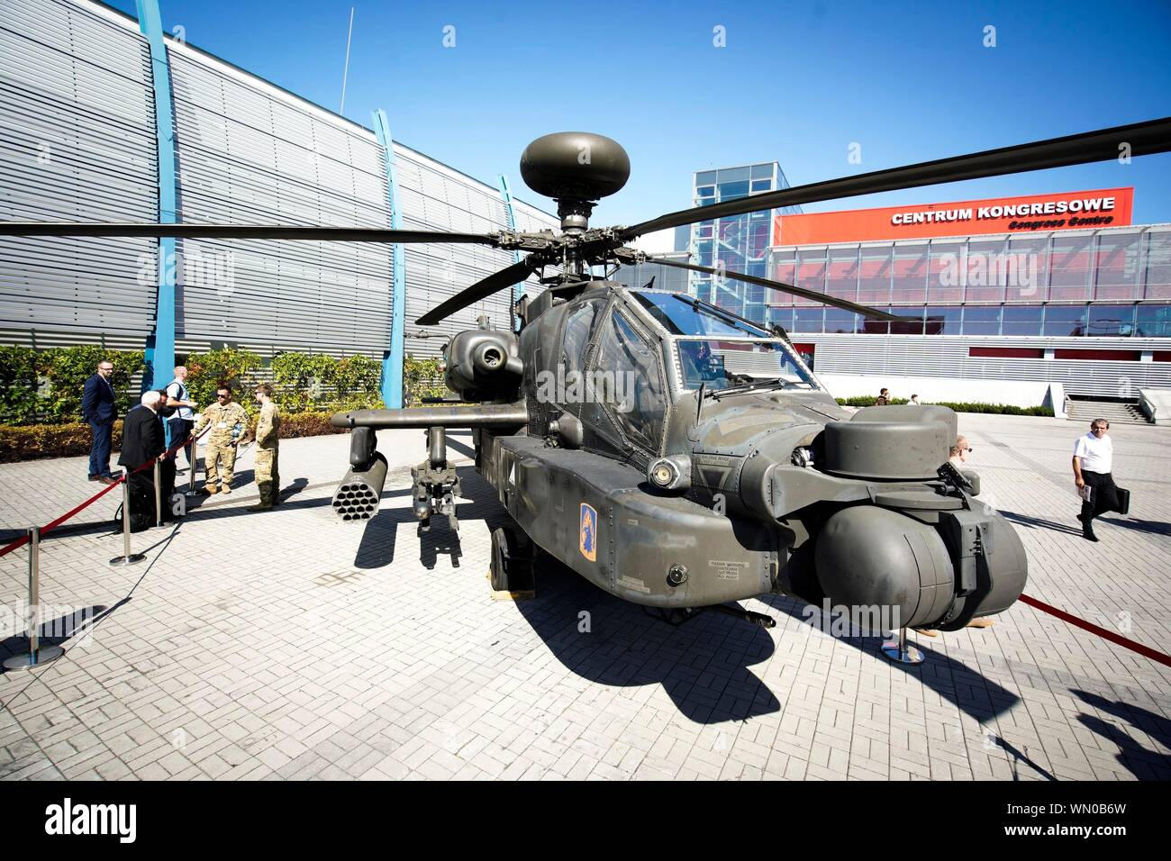 (190905) -- KIELCE (POLAND), Sept. 5, 2019 (Xinhua) -- An Apache helicopter is displayed at the 27th International Defence Industry Exhibition in Kielce, Poland, on Sept. 5, 2019. The 27th International Defence Industry Exhibition MSPO, one of the largest in Central and Eastern Europe with around 600 exhibitors, is held here from Sept. 3 to Sept. 6. (Photo by Jaap Arriens/Xinhua) Stock Photo