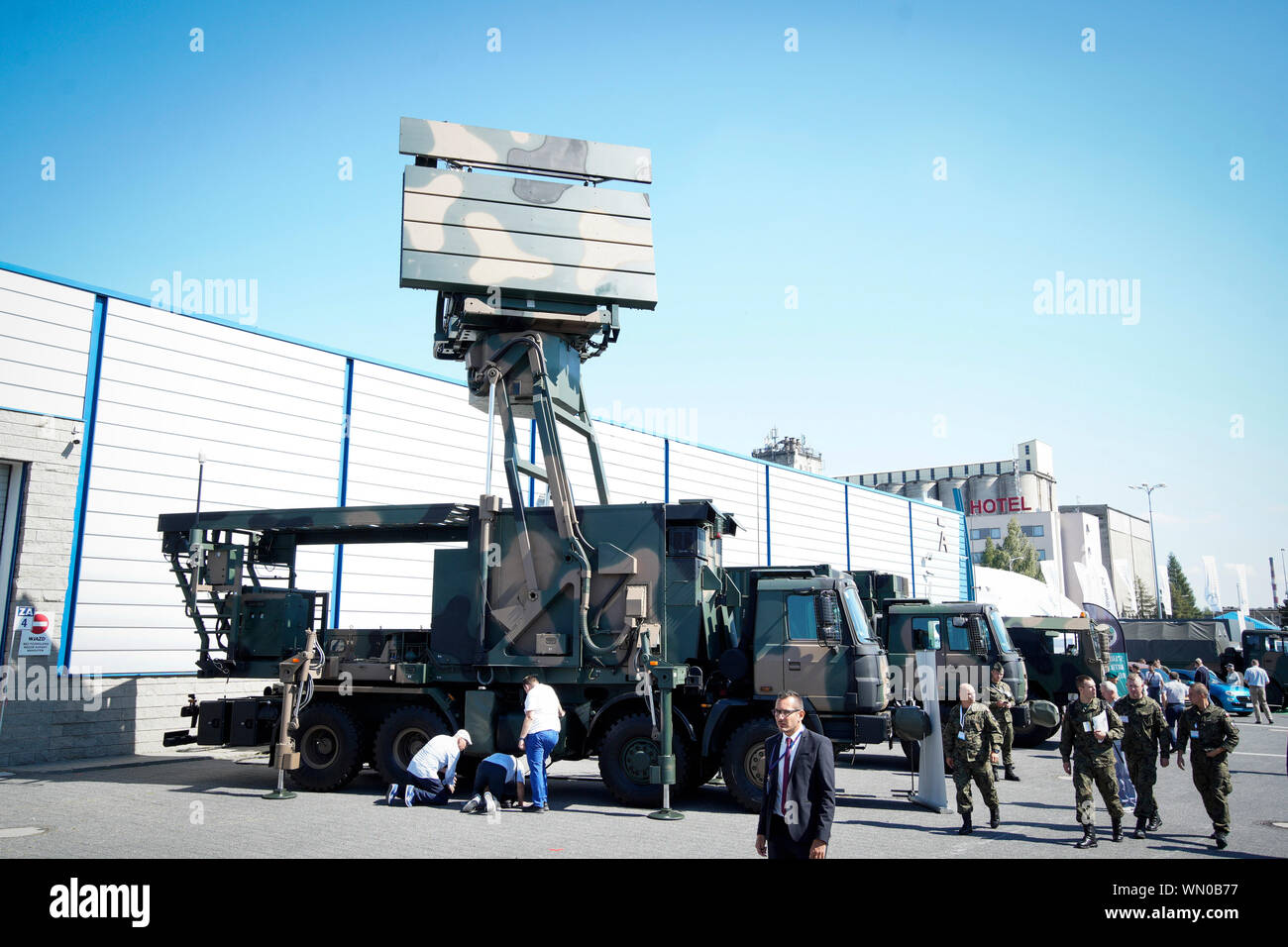 (190905) -- KIELCE (POLAND), Sept. 5, 2019 (Xinhua) -- A NUR-15 radar vehicle is displayed at the 27th International Defence Industry Exhibition in Kielce, Poland, on Sept. 5, 2019. The 27th International Defence Industry Exhibition MSPO, one of the largest in Central and Eastern Europe with around 600 exhibitors, is held here from Sept. 3 to Sept. 6. (Photo by Jaap Arriens/Xinhua) Stock Photo