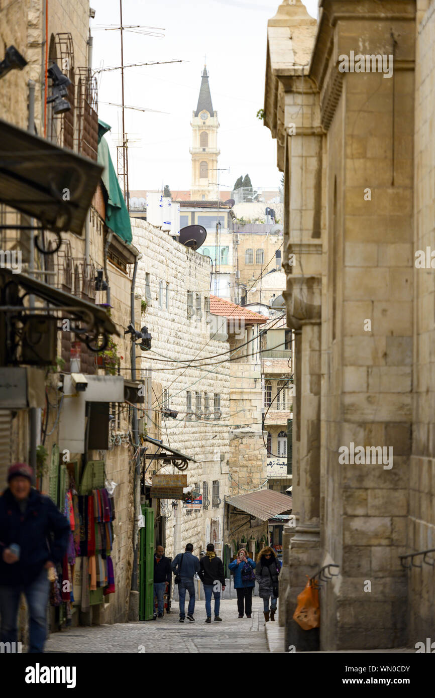 Jerusalem, Israel, January 14, 2019. Locals and tourists walks through the streets of the Old City of Jerusalem. Stock Photo