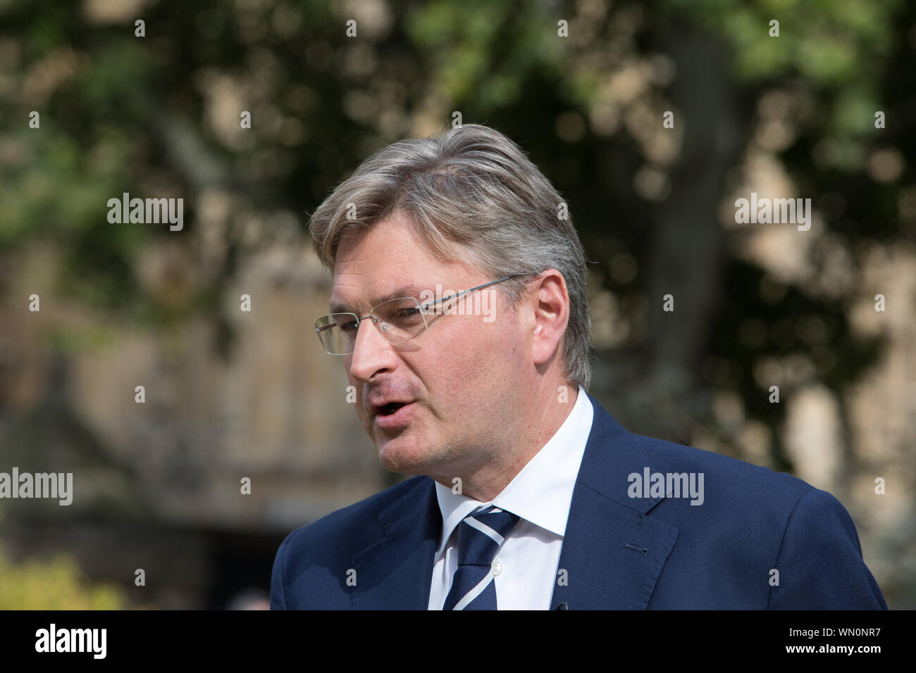 Westminster, London, 5 September 2019. Daniel Kawczynski, Conservative part in media interviews in College Green. No-Deal Brexit struggle as Boris Johnson's suspension of Parliament for five weeks is challenged