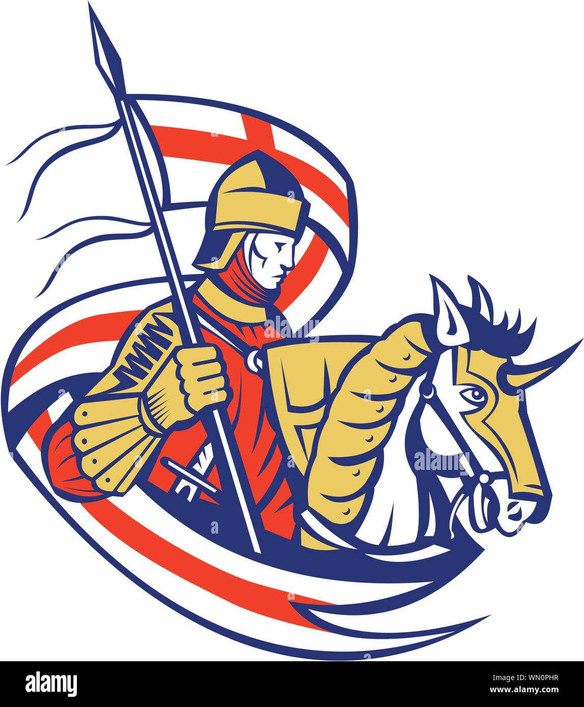 English Knight England Flag Shield Horse Retro Stock Vector