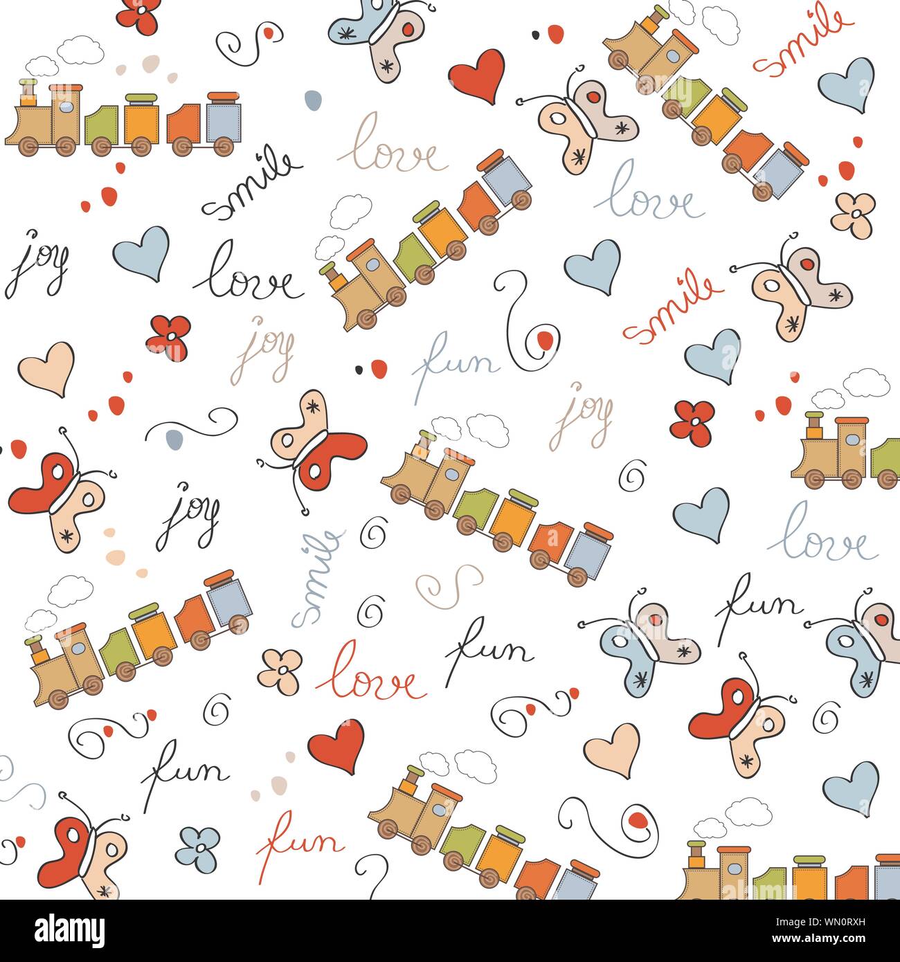 trains, wagons and rails , doodle  seamless pattern Stock Vector