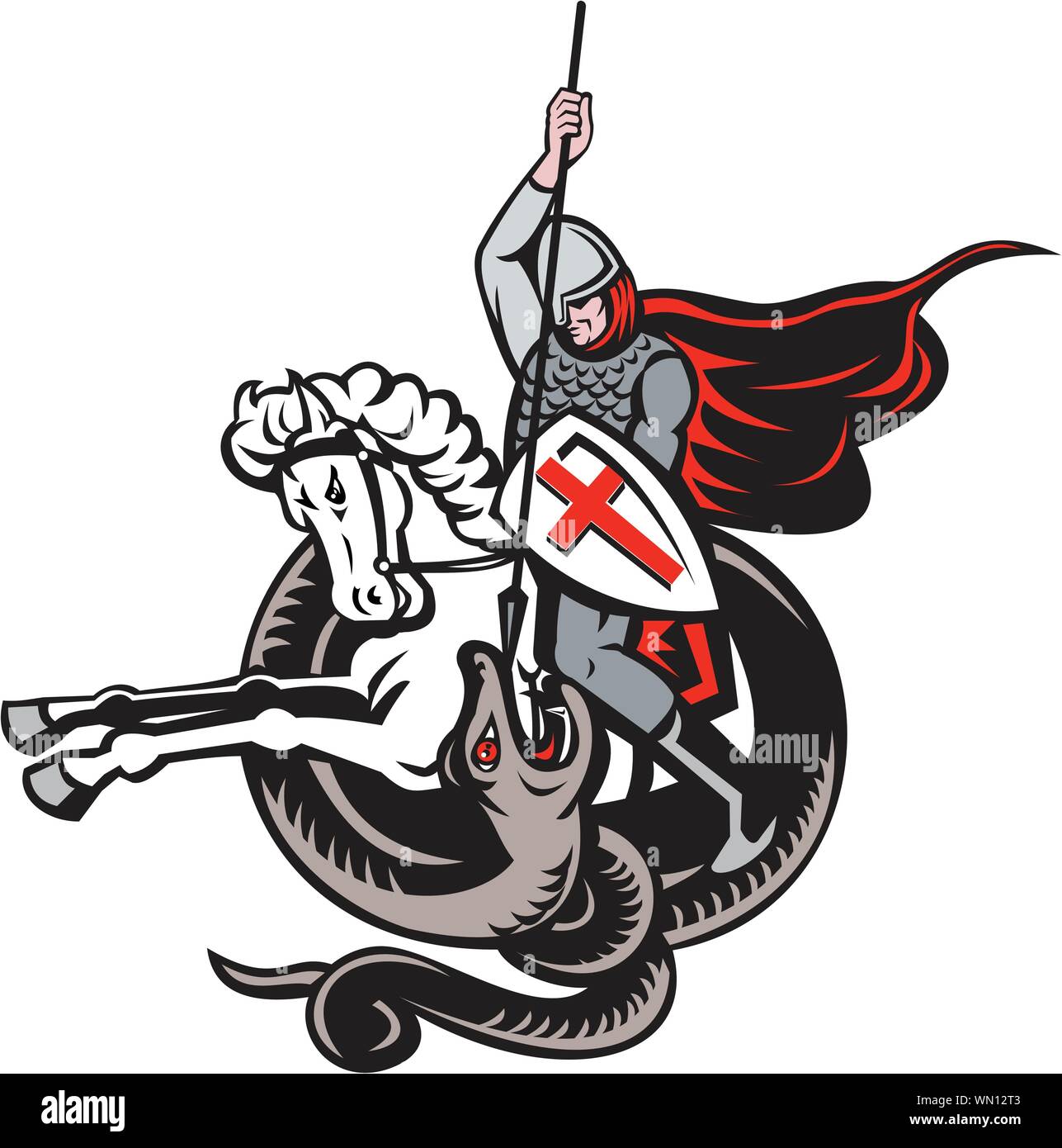 English Knight Fighting Dragon England Flag Shield Retro Stock Vector