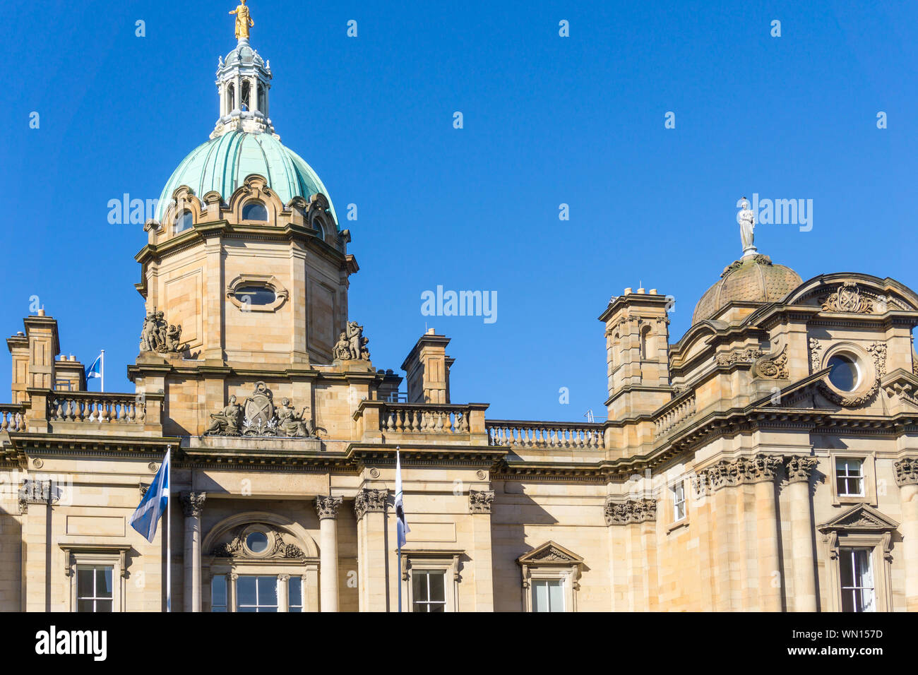 Low Angle View Of Hbos Headquarters Against Clear Blue Sky Stock Photo