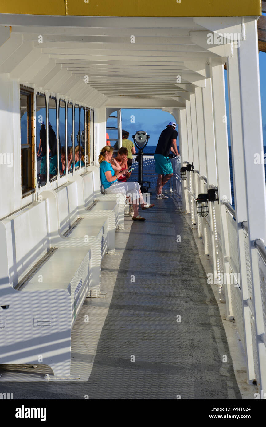 The upper passenger deck of the car ferry Croatian as it takes visitors from Ocracoke to Hatteras Island on the Outer Banks of North Carolina. Stock Photo