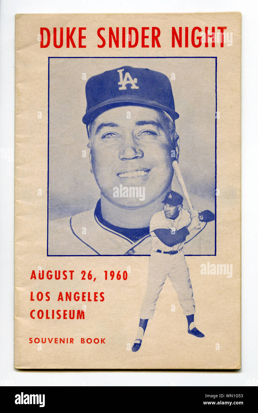 Souvenir booklet  given out at the Memorial Coliseum in Los Angeles on Aug. 26, 1960 to commemorate Dodger star player Duke Snider who began his career in Brooklyn in the late 1940's and was elected to the Hall of Fame in 1980. Stock Photo