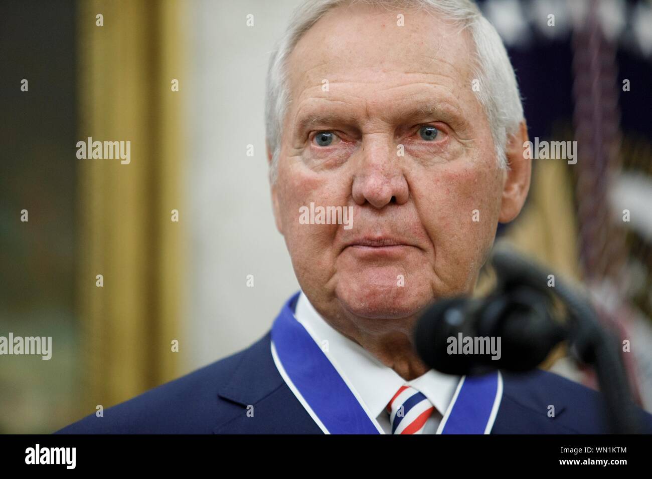 United States President Donald J. Trump presents the Presidential Medal of Freedom to NBA Hall of Fame member Jerry West during a ceremony inside of the Oval Office on September 5, 2019, at the White House in Washington. West, 81, graduated from West Virginia University and played fourteen seasons with the Los Angeles Lakers. Credit: Tom Brenner/Pool via CNP /MediaPunch Stock Photo