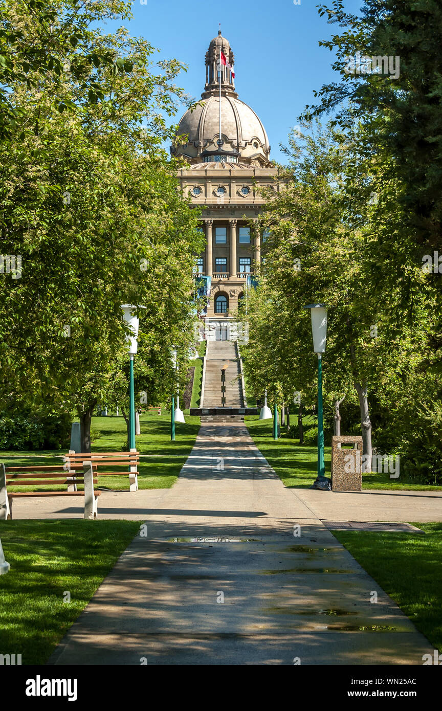 Exterior facade of The Alberta Legislature Building in Edmonton. Photo taken on a warm summer day. Legislative grounds visible. Stock Photo