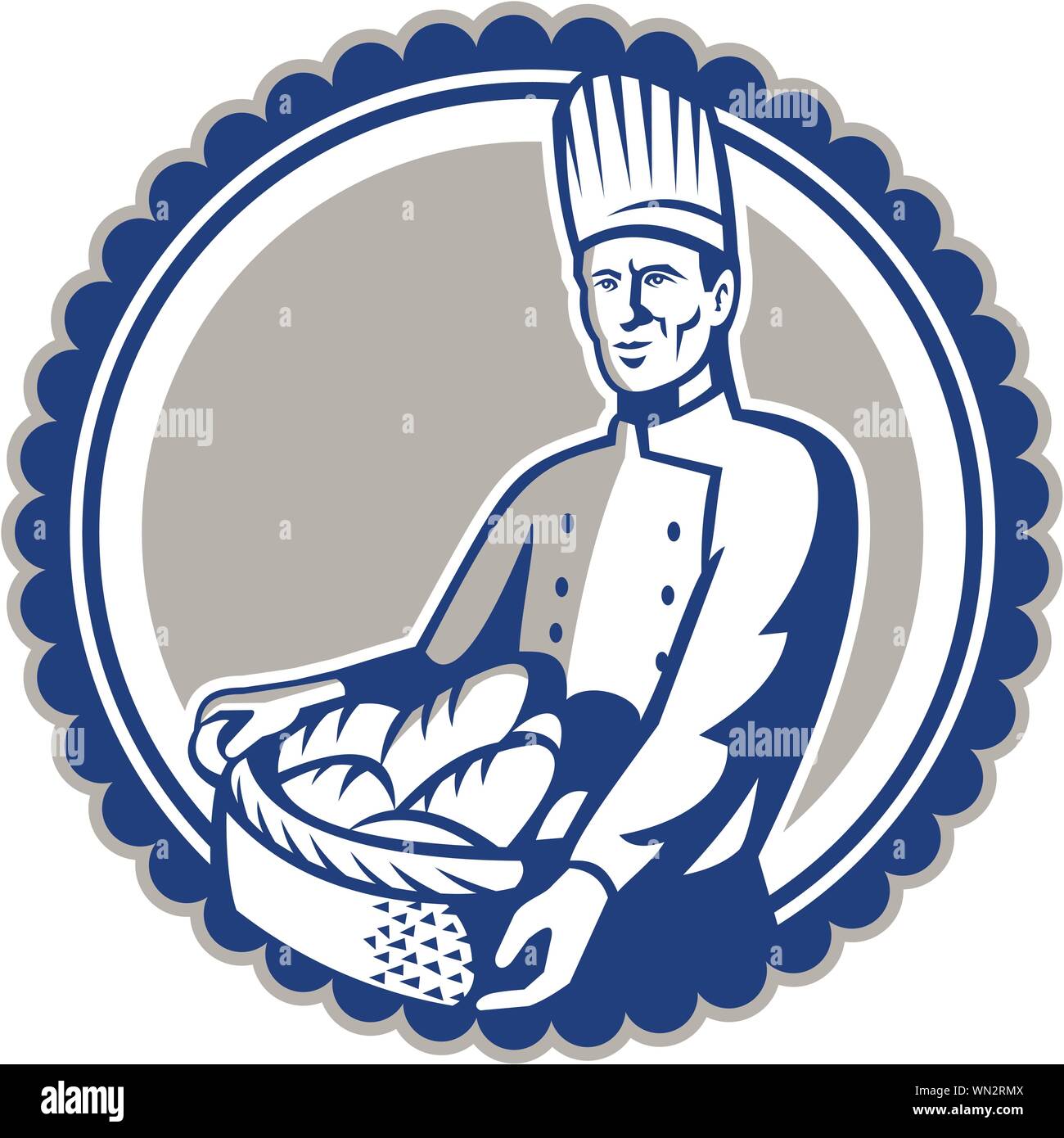 Baker Holding Basket Bread Loaf Retro Stock Vector
