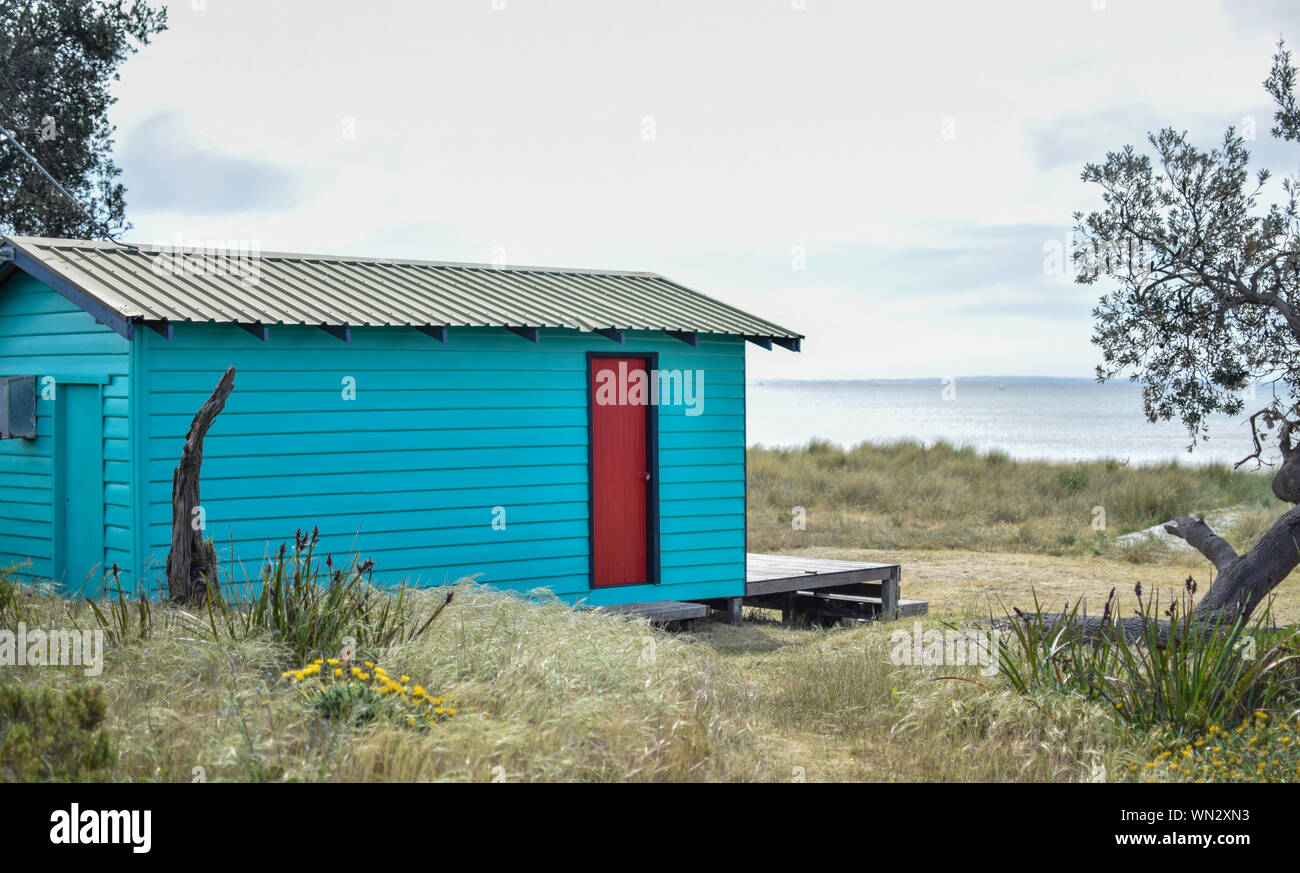 Log Cabin On Field Near Sea Against Sky Stock Photo 271128175 Alamy