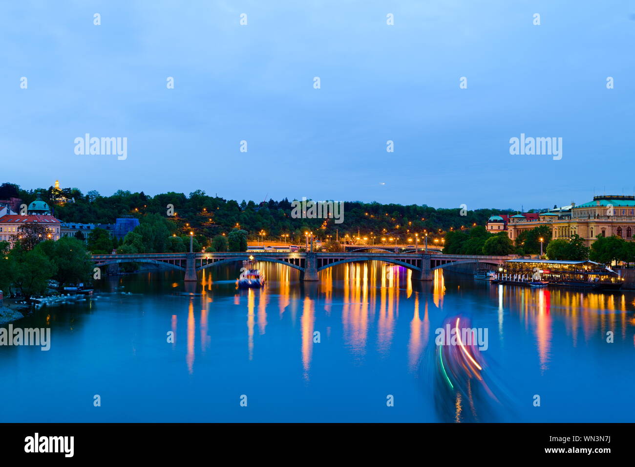 The Vltava River at night, seen from the Charles Bridge, Prague, Czech Republic Stock Photo