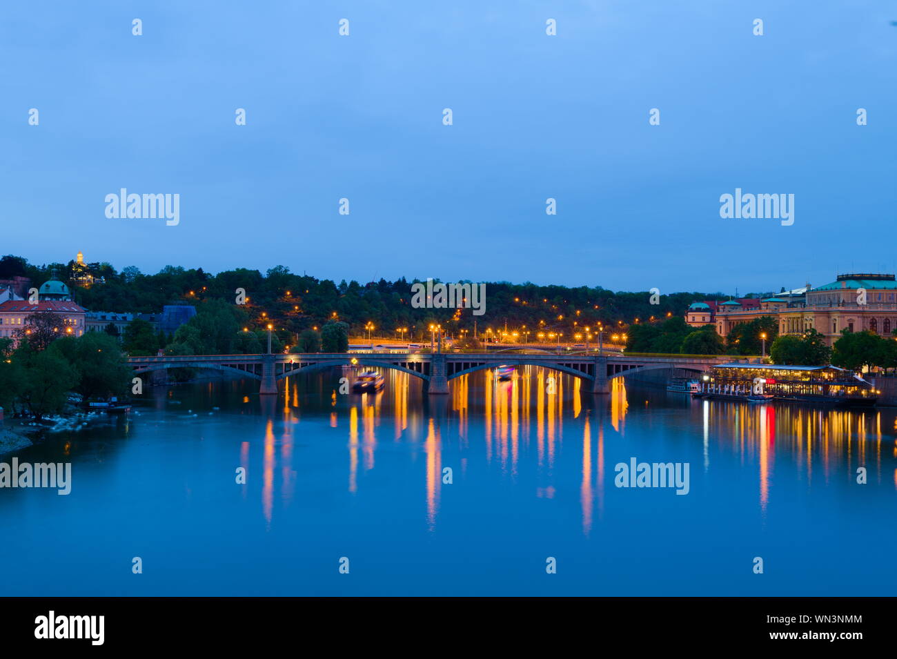 The Vltava River at night, seen from the Charles Bridge, Prague, Czech Republic Stock Photo
