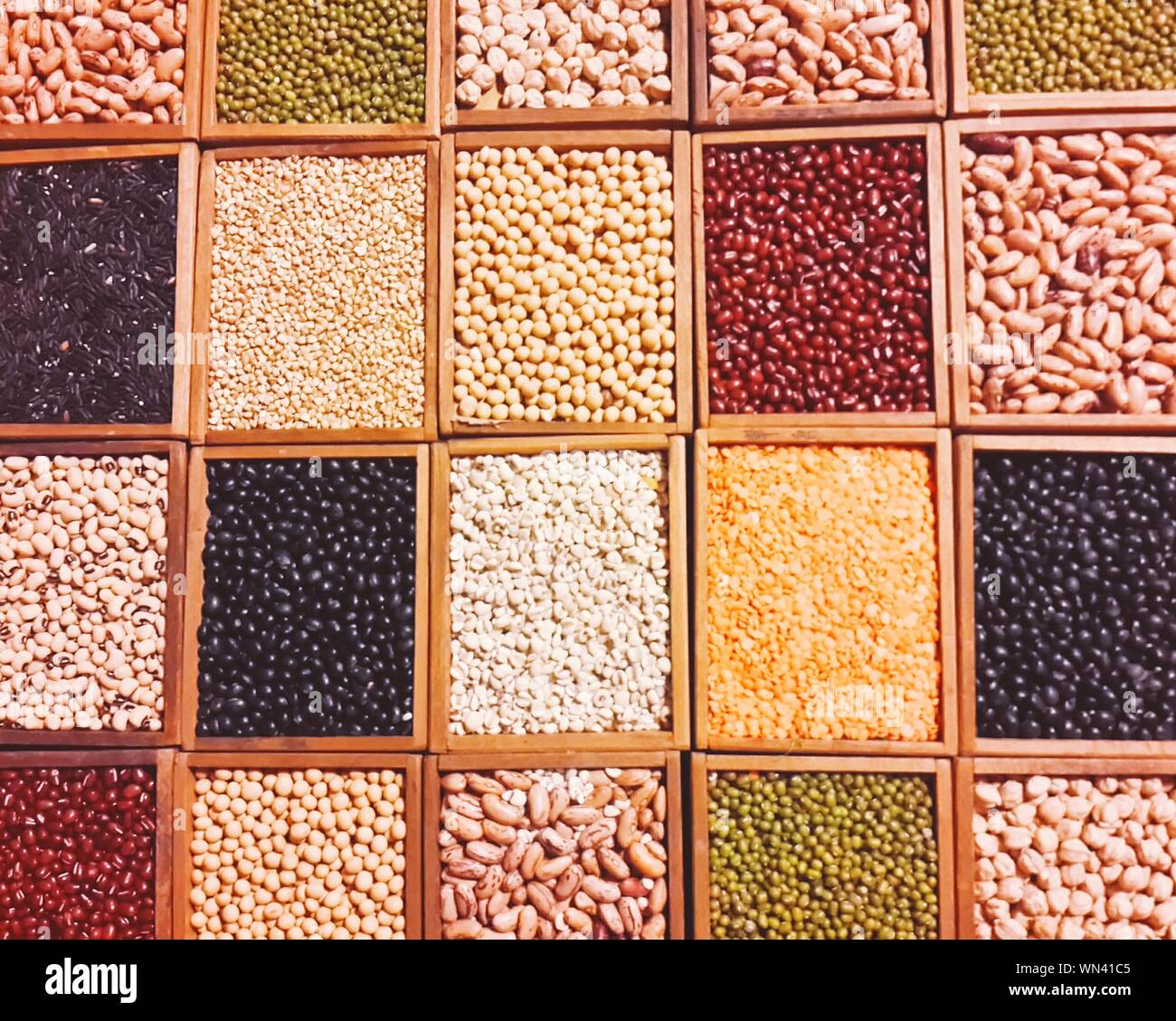 Variety Of Beans And Lentils In Box Containers Stock Photo Alamy