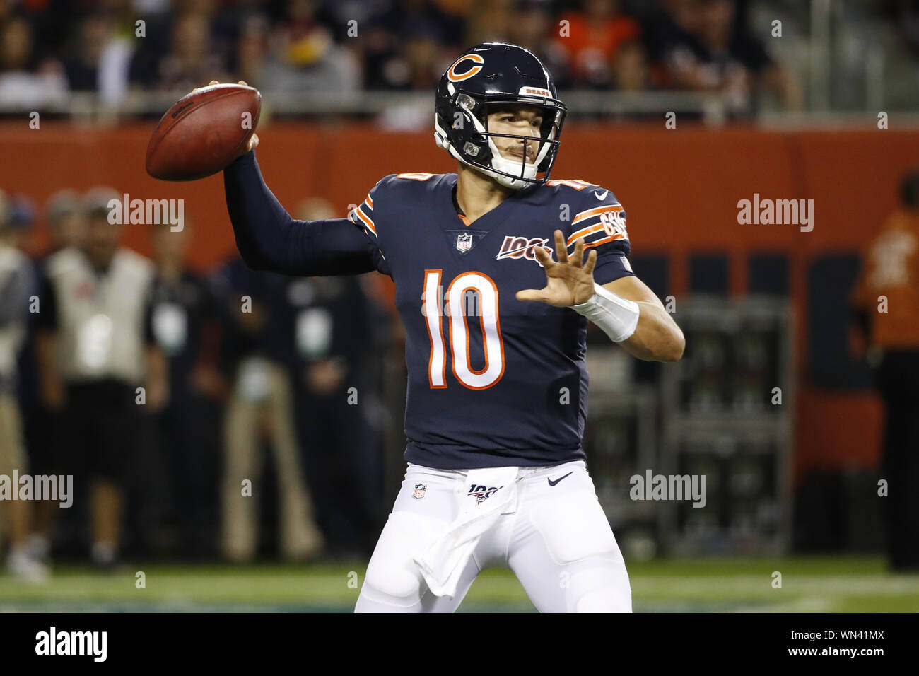 Chicago, United States. 05th Sep, 2019. Chicago Bears quarterback Mitchell Trubisky (10) looks to pass the ball against the Green Bay Packers during the first half of an NFL game at Soldier Field in Chicago on Thursday, September 5, 2019. Photo by Kamil Krzaczynski/UPI Credit: UPI/Alamy Live News Stock Photo