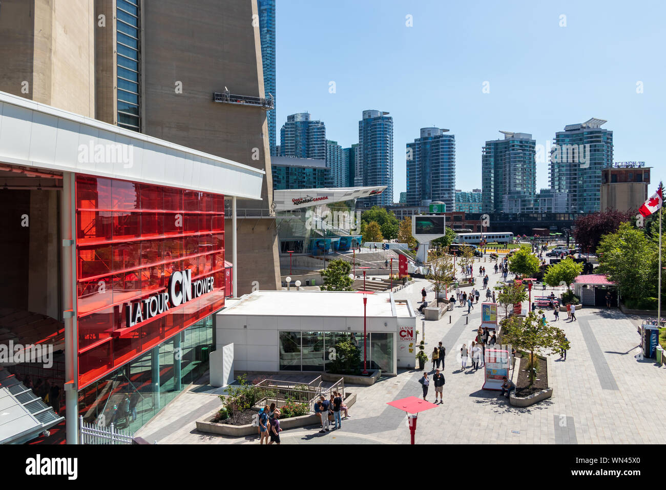 Entrance of CN Tower and surrounding plaza with Ripley's Aquarium of