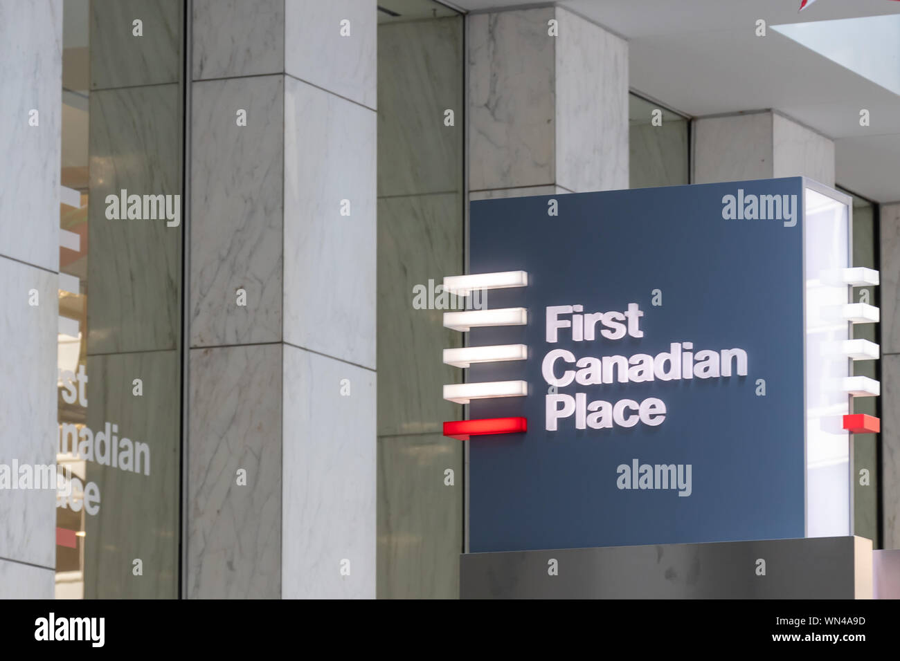 First Canadian Place sign at the base of the skyscraper in downtown Toronto. Stock Photo