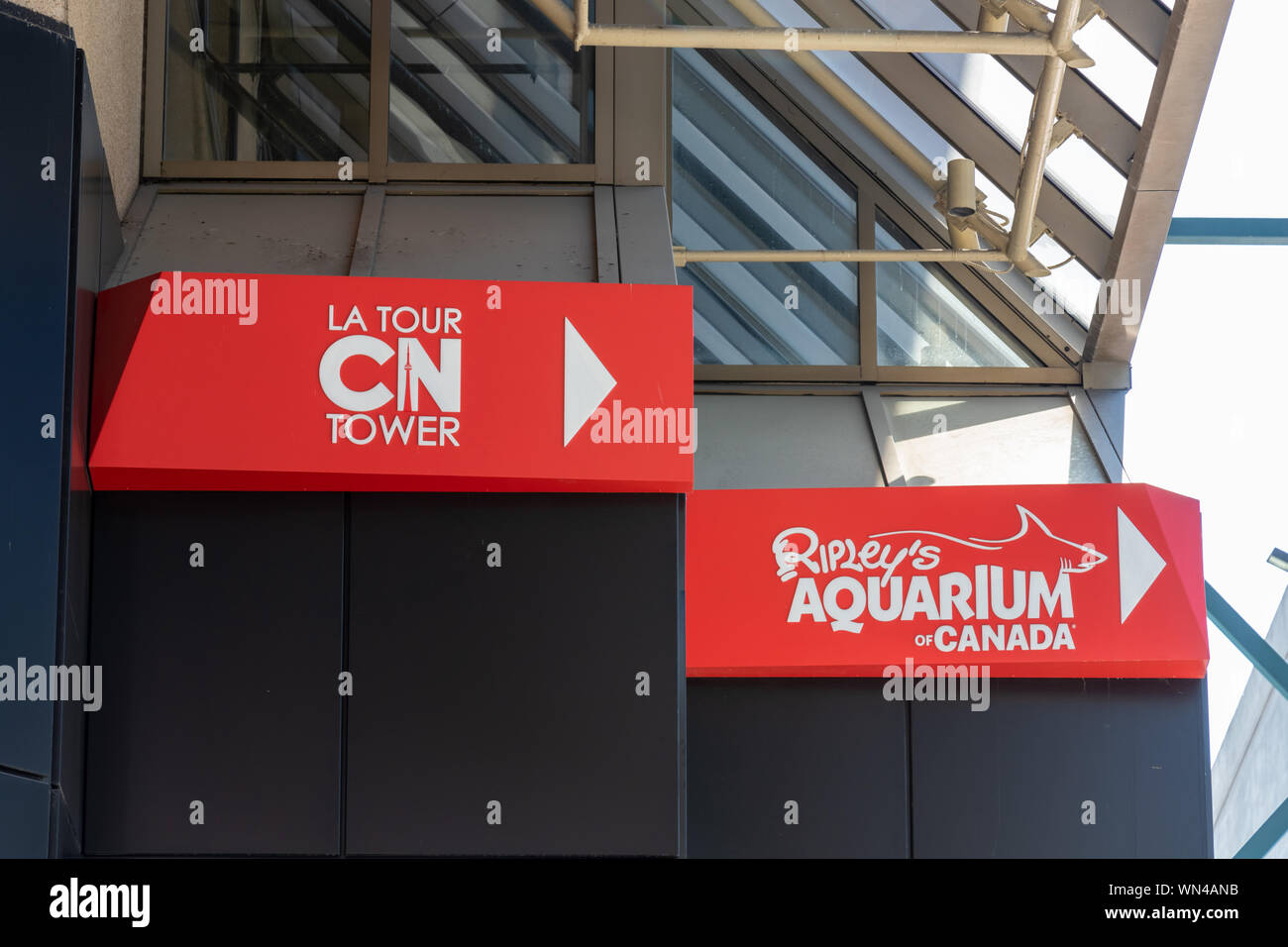 CN Tower and Ripley's Aquarium of Canada direction signs near the