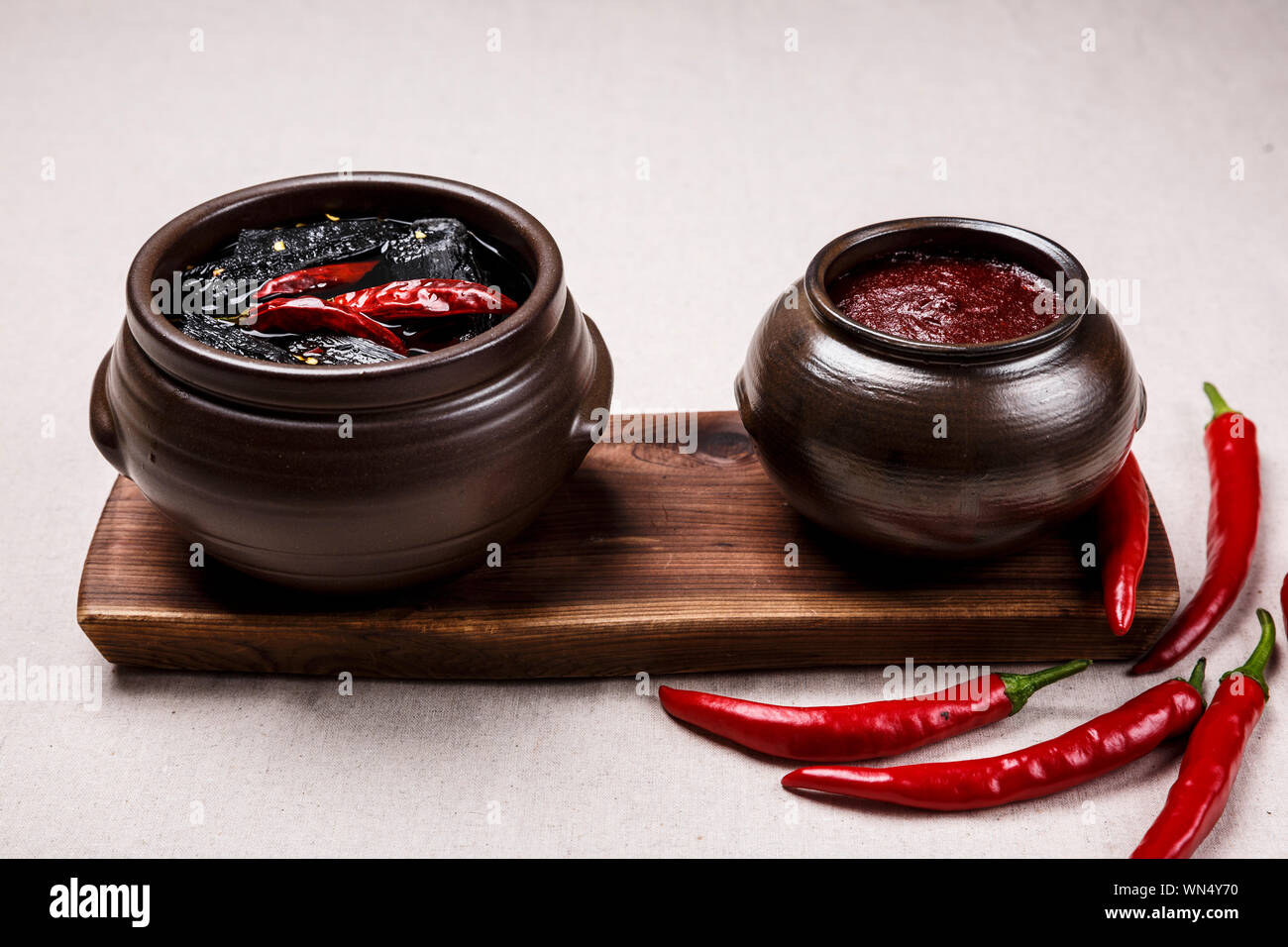 Concept of Korean traditional sauces, soy sauce, soybean paste and red