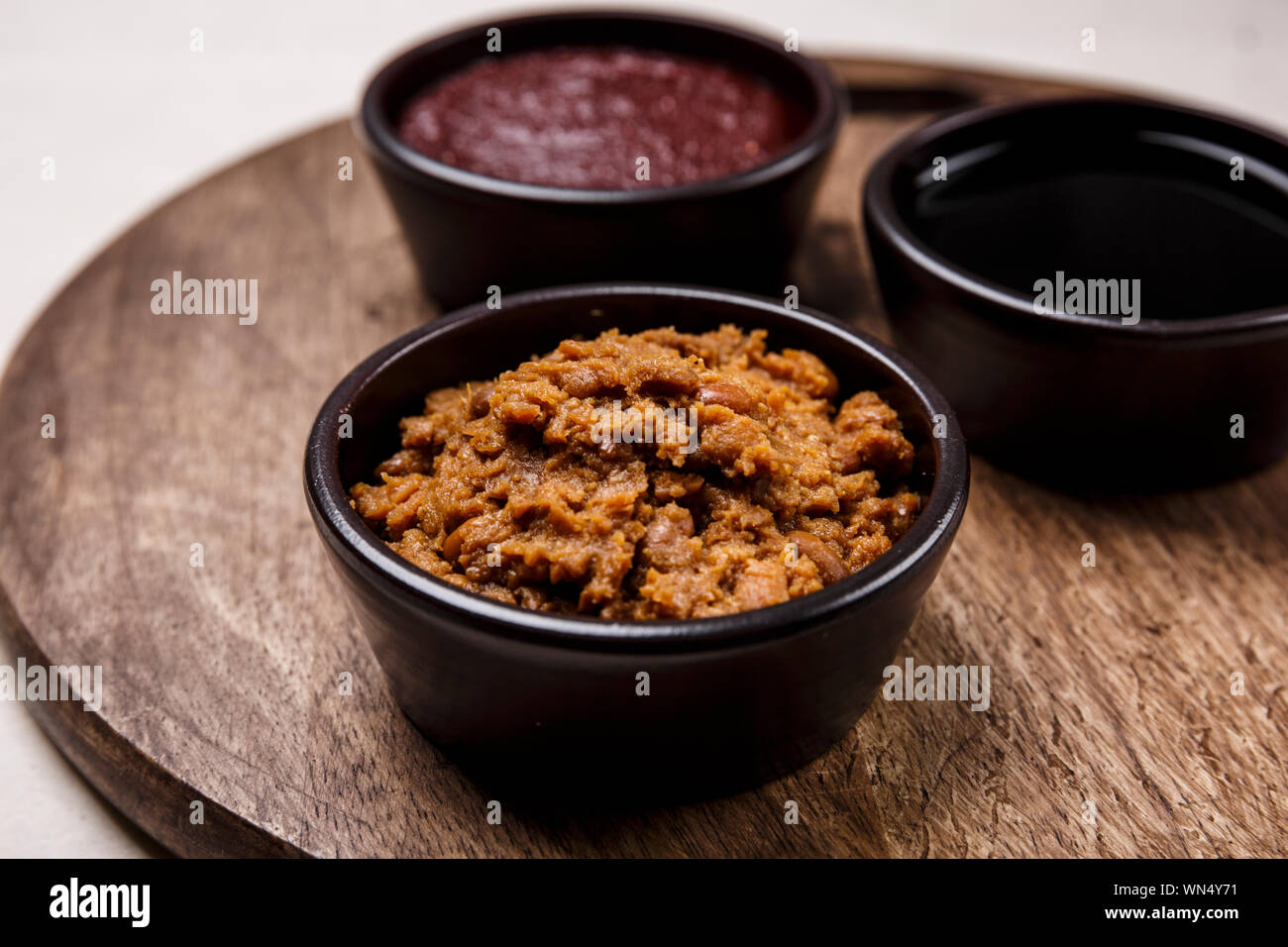 Concept of Korean traditional sauces, soy sauce, soybean paste and red