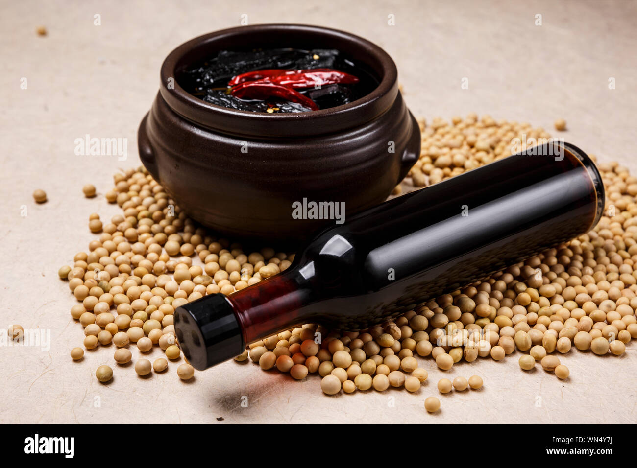 Concept of Korean traditional sauces, soy sauce, soybean paste and red