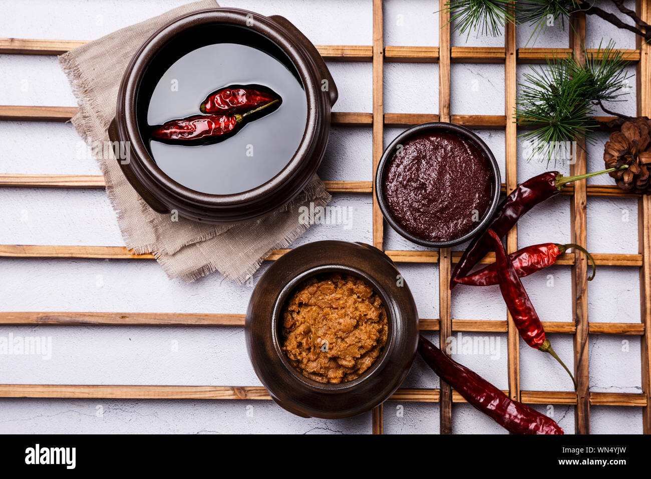 Concept of Korean traditional sauces, soy sauce, soybean paste and red