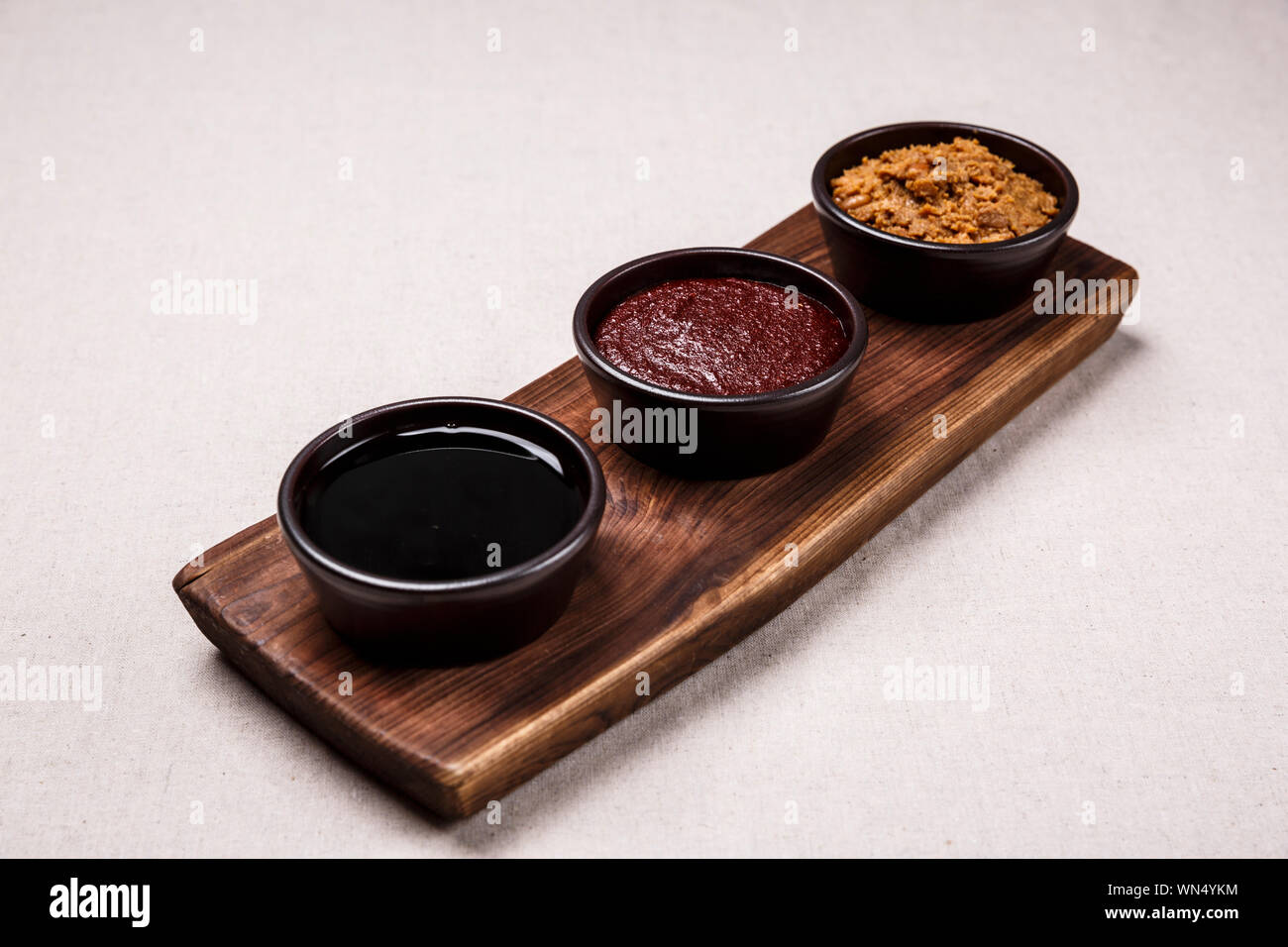 Concept of Korean traditional sauces, soy sauce, soybean paste and red
