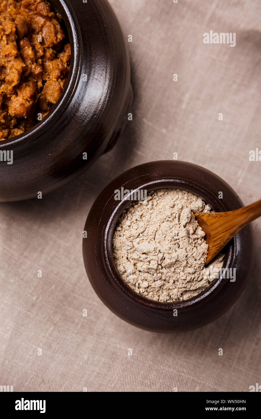 Concept of Korean traditional sauces, soy sauce, soybean paste and red