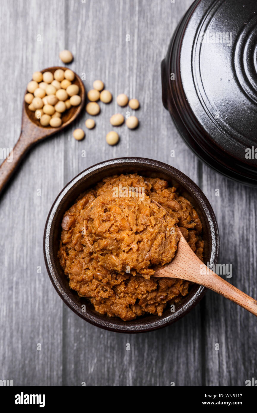 Concept of Korean traditional sauces, soy sauce, soybean paste and red