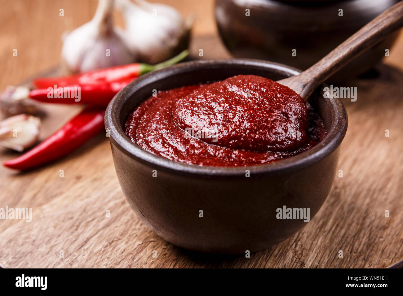 Concept of Korean traditional sauces, soy sauce, soybean paste and red